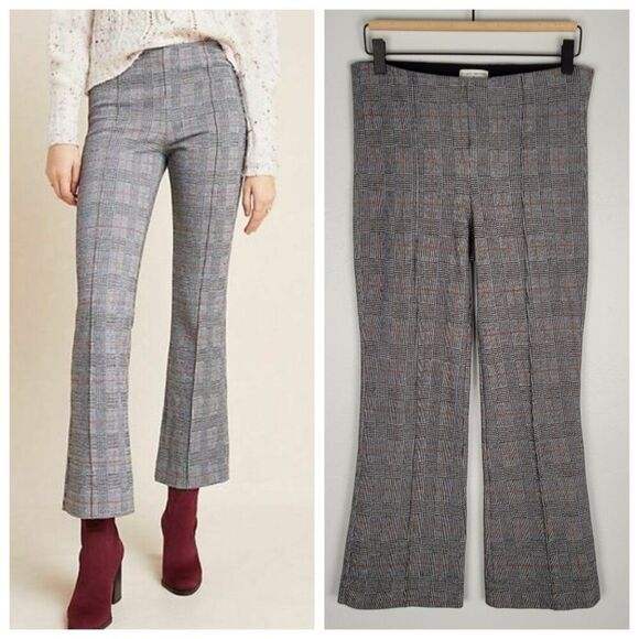 Anthropologie The Essential Crop Flare Stretch Pull On Pants Plaid Gray Size S - Picture 1 of 12